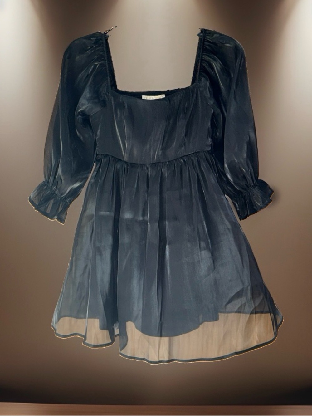 Thirty Thirty Juniors Sheer Black Square Neck Mini Dress w/Smocked Back-XS-EC